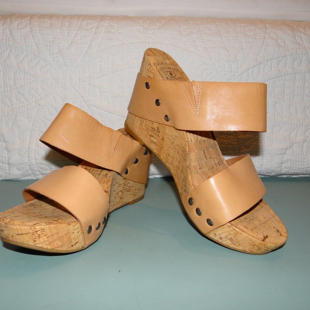 Lucky Brand Magnolia Tan Leather Wrap Cork Wedge Sandals